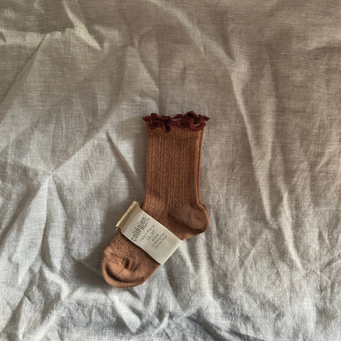 Collégien Ambre Lettuce Trim Pointelle Merino Wool Socks - Salted Caramel